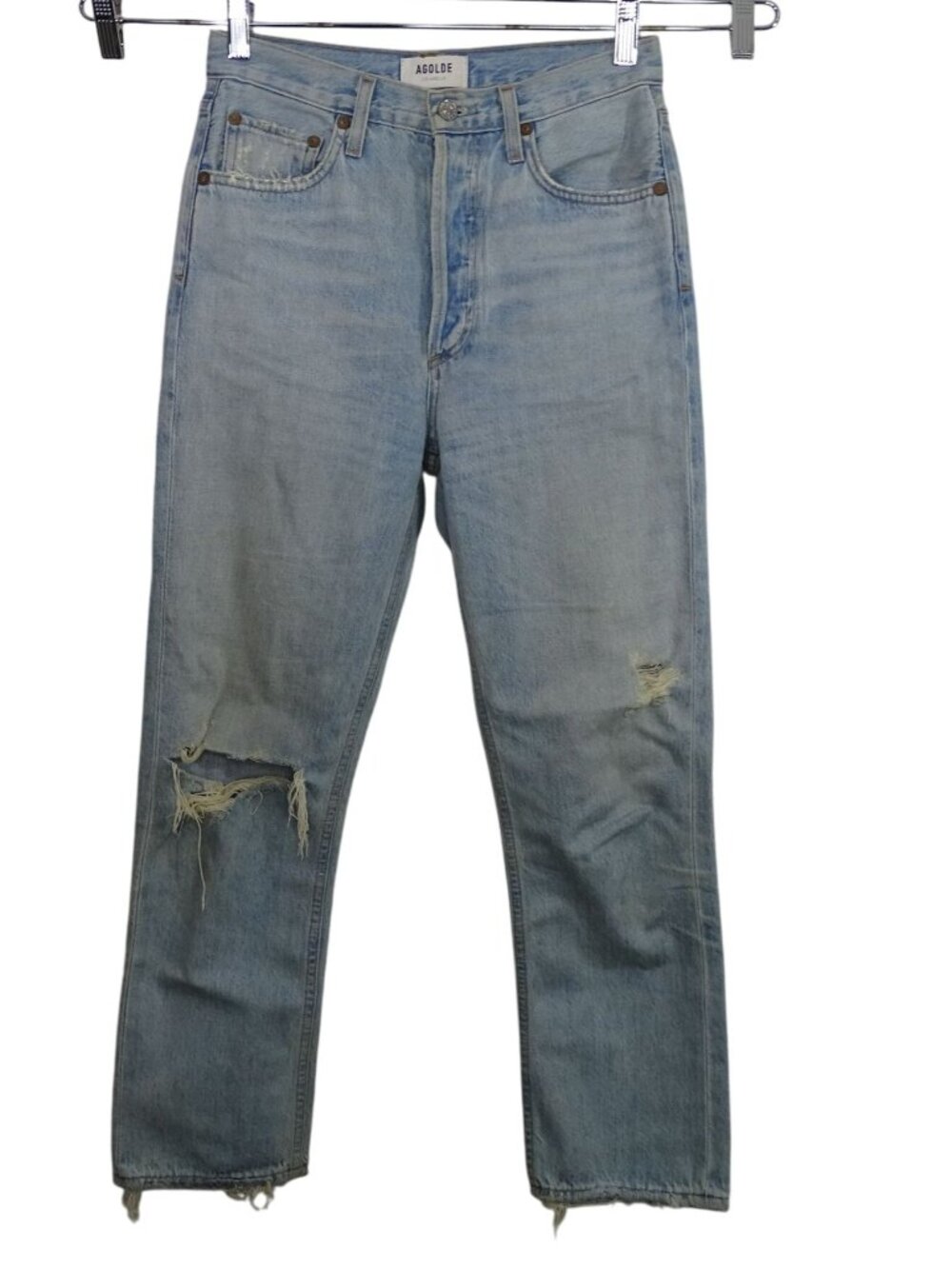 Agolde Riley High Rise Slim Straight Ripped Jeans Size 25 Light Wash Button Fly